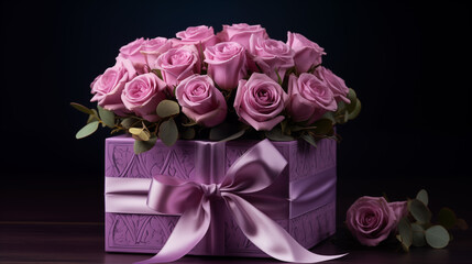 bouquet of fresh, blooming pink roses with green leaves placed in an elegant purple gift box that has intricate designs on it