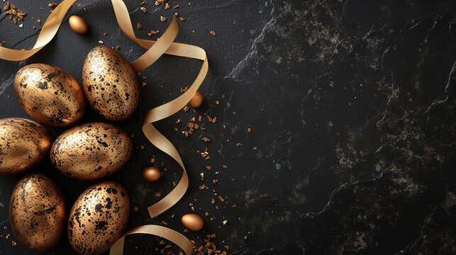 Easter eggs dipped in gold and ribbons arranged in a border on a dark background.