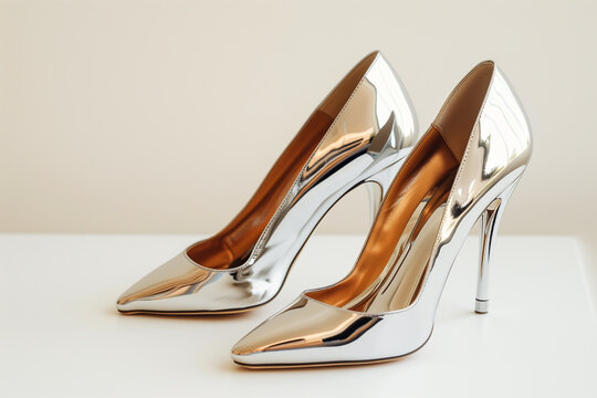 Sleek Silver Metallic High Heels on White - Futuristic Elegance for Fashion Forward Styling