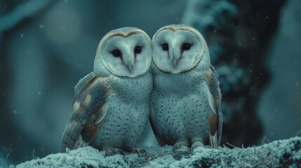 Obraz premium Owls in Moonlight, Mystical shot of owls perched against a moonlit sky, ideal for conveying a sense of magic