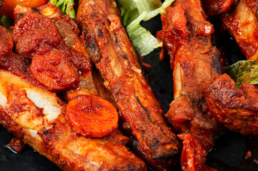 Stewed pork ribs in sauce, macro.