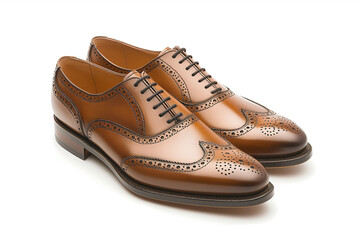 Elegant Brown Leather Brogue Shoes on White Background – Ideal for Fashion Retail and Business Attire Promotion