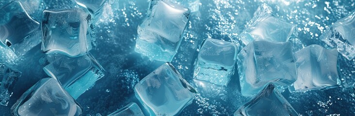 Frozen water takes center stage against a bluish background, embodied by glistening ice cubes.