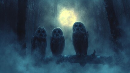 Owls in Moonlight, Mystical shot of owls perched against a moonlit sky, ideal for conveying a sense of magic - obrazy, fototapety, plakaty