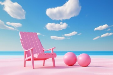 Simple 3D render of pink shape, beach chair, and inflatable on pink background and sky. Generative AI