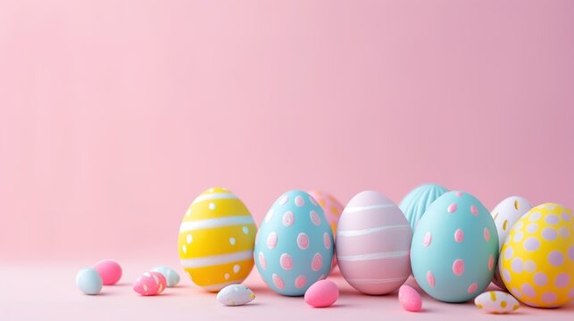vibrant Easter eggs against a soft pastel backdrop.