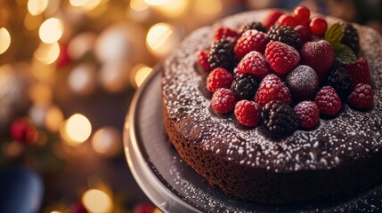 A decadent chocolate cake topped with berries and powdered sugar