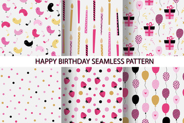 Birthday patterns set in simple vintage style. Collection of cute bright seamless patterns.