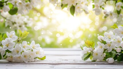 White wooden table with white blossoms in a springtime setting.