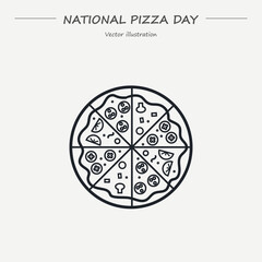 National Pizza Day, February 9. Vector outline icon. Different kinds of slice round pizza. Top view.