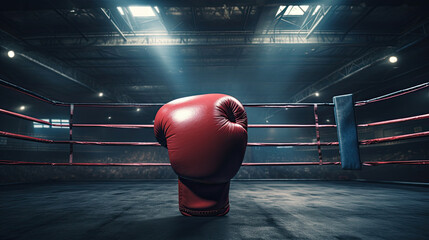 A red boxing glove stands in the center of an empty boxing ring.
