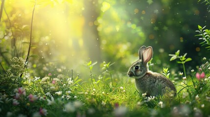 Easter background in nature featuring grass and rabbits in the forest.