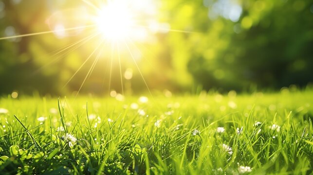 A sunny background with a grass field in the spring or summer.