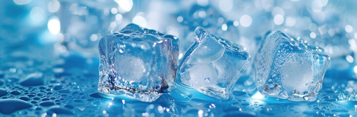 Frozen water represented by ice cubes set against a cool, bluish background.