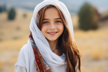 A young girl wearing a white shawl smiling happily as she poses outdoors.