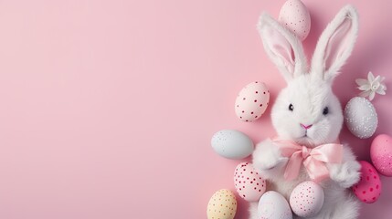 Delicate pink eggs nestled and white bunny on pink background.