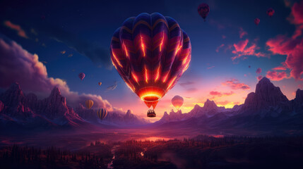 A hot air balloon flies in the mountains in the evening with neon lighting