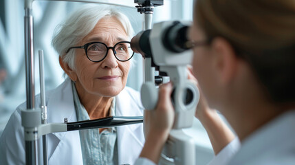 a doctor checks an elderly woman's eyesight - obrazy, fototapety, plakaty