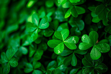 Fototapeta na wymiar fresh three-leaved shamrocks background. St. Patrick`s day holiday symbol