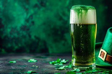 Green beer pint and leprechaun hat over dark green background, decorated with shamrock leaves with copy space. Traditional St. Patrick`s Day. Irish festival - obrazy, fototapety, plakaty