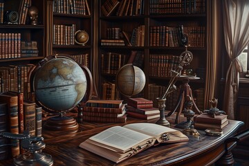 Old-world study surrounded by leather-bound books and antique globes, creating a mood of history and elegance. Generative AI