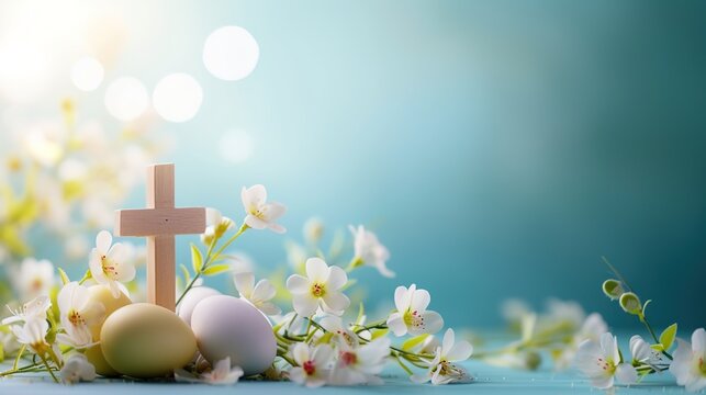 Easter eggs and a cross made of flowers on a blue background.