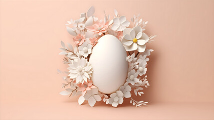 Easter egg with white paper flowers on beige background . Happy Easter concept. greeting card
