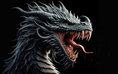 Portrait of a dragon with the mouth open against a black background