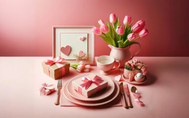 Mother's Day concept. Top view photo of heart shaped plate fork knife stylish gift boxes with ribbon bows and tulips on isolated pastel pink background with copyspace
