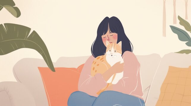 Illustration of a sad lonely woman hugging a cat wrapped in a blanket on a couch, emotional moment and support