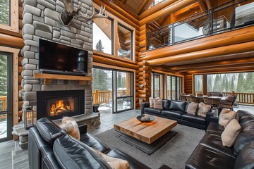 Fototapeta premium Cozy cabin setting with a warm fireplace and luxurious furnishings, conveying a sense of warmth and traditional craftsmanship. Generative AI