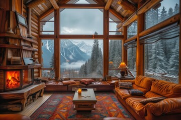 Cozy cabin setting with a warm fireplace and luxurious furnishings, conveying a sense of warmth and traditional craftsmanship. Generative AI
