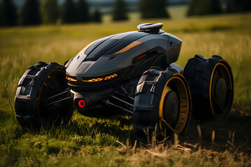 Close-up of a quad bike on a green meadow.