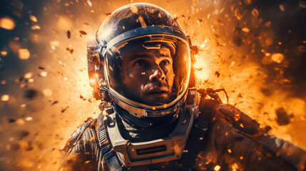 An astronaut in an explosion, elevating the futuristic action movie concept