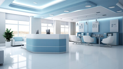 a modern, bright office with a blue and white theme, featuring a reception desk, seating area, and large windows. ai generative