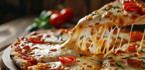 A slice of hot Italian pizza with stretching cheese. Pizza four cheeses with basil
