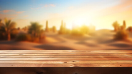 Empty wooden table mockup with defocused mesmerizing desert sunset, dunes, and a lush oasis.