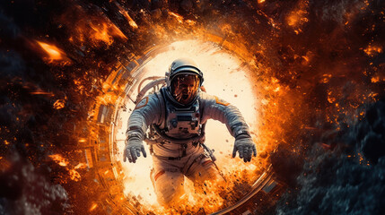 An astronaut in an explosion, elevating the futuristic action movie concept