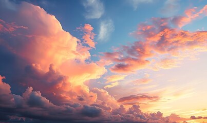 Sky at sunset, sky at sunrise, clouds, orange clouds cirrus clouds, cumulus clouds, sky gradient, sky background at dusk, twilight, nightfall, pink sky, pink clouds, sun, environment, Generative AI  - obrazy, fototapety, plakaty