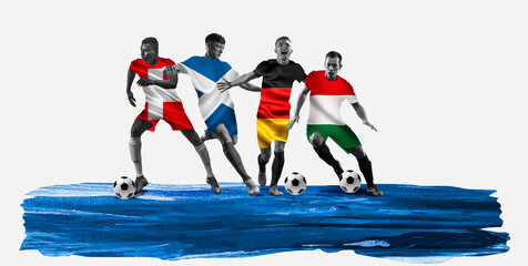 Obraz premium Competitive young men, soccer players in motion, wearing shirts with flag representing team of Germany, Scotland, Hungary, Switzerland. Concept of championship, tournament. Group stage A of Euro 2024
