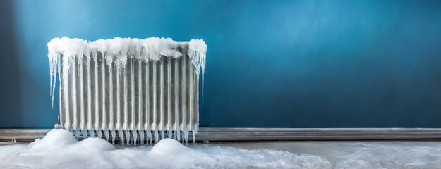 Frozen Over Radiator with Icicles and Snow. A classic white radiator is covered in snow and icicles against a blue wall, indicating a breakdown in heating during cold winter conditions