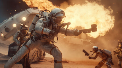 An astronaut in an explosion, elevating the futuristic action movie concept - obrazy, fototapety, plakaty