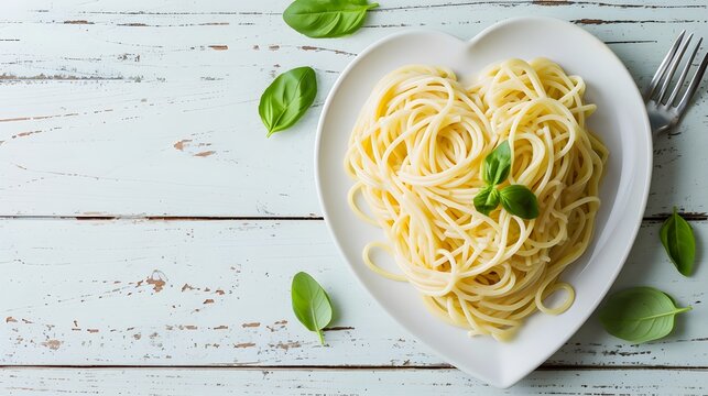 Pasta in heart shaped plate on white wooden table with copy space. cooked spaghetti with spinach