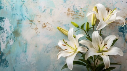 Gorgeous white lilies on a background of walls. - obrazy, fototapety, plakaty