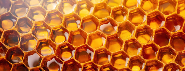 Close-up of Honeycomb Structure Filled with Honey. This is a macro shot of a honeycomb, with golden honey glistening in the hexagonal cells, some cells are filled to the brim - obrazy, fototapety, plakaty