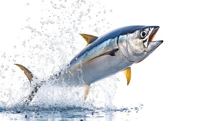A tuna fish jumping out the water isolated on white background. AI generated image