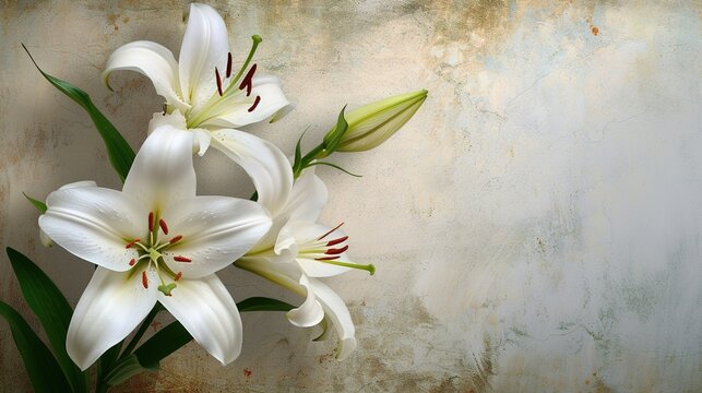 Lilies Bouquet Resting on Wooden Surface with White Flowers Surrounding
