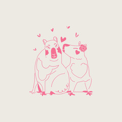 Valentine Day card with outline cute lovely capybara couple. Romance kiss vector animal line art illustration