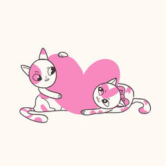 Cute two outline cat with big pink hearts. Happy valentines day vector line art illustration isolated on beige background. Lovely kitty character