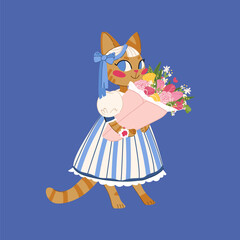 Cute cat in blue dress and with flower bouquet. Springtime lovely flat animal vector illustration. St. Valentines day